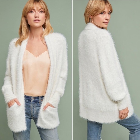 Anthropologie White Pocketed Eyelash Fuzzy Cozy Open Front Cardigan Size Small - Picture 2 of 14